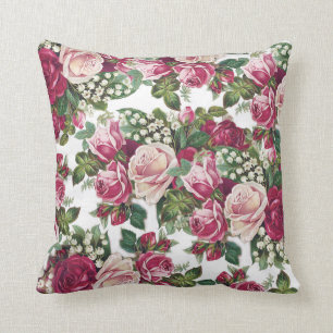 Country chic pink purple green vintage floral throw pillow