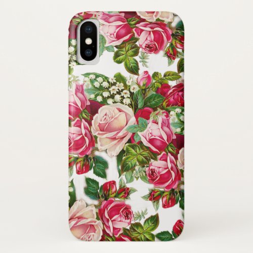 Country chic pink red green vintage floral iPhone x case