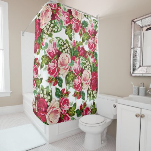 Country chic pink red green vintage floral shower curtain