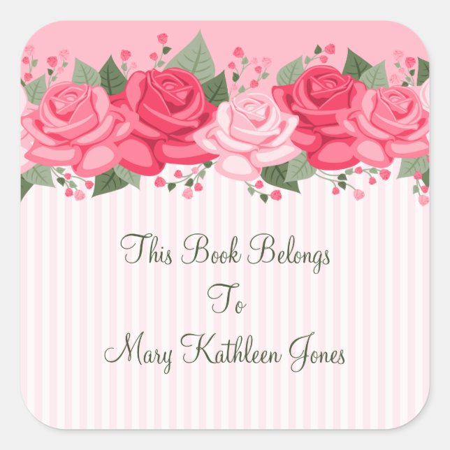 Country Chic Pink Roses and Stripes Bookplate (Front)
