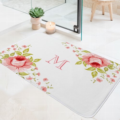 Country Chic Pink Roses Corner Motif Monogram Bath Mat