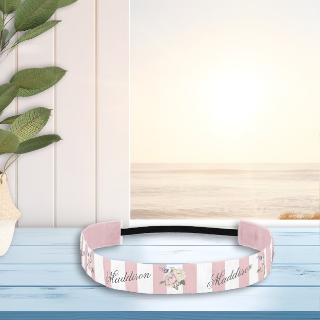 Country Chic Pink Striped Rose Bouquet Monogrammed Athletic Headband (Creator Uploaded)