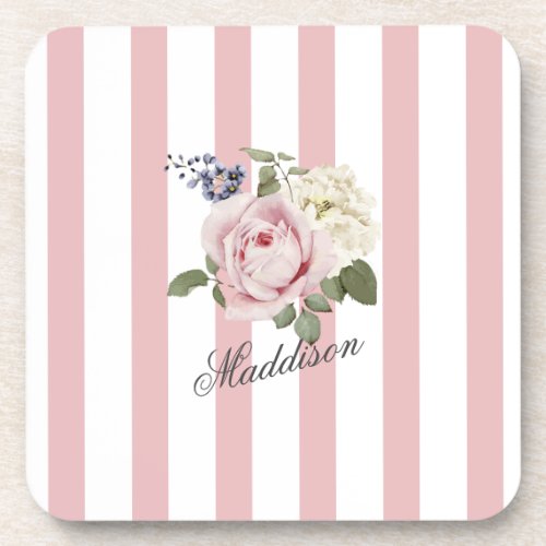 Country Chic Pink Striped Rose Bouquet Monogrammed Beverage Coaster