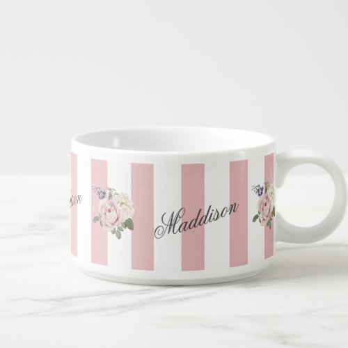 Country Chic Pink Striped Rose Bouquet Monogrammed Bowl