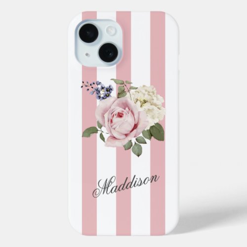 Country Chic Pink Striped Rose Bouquet Monogrammed iPhone 15 Case