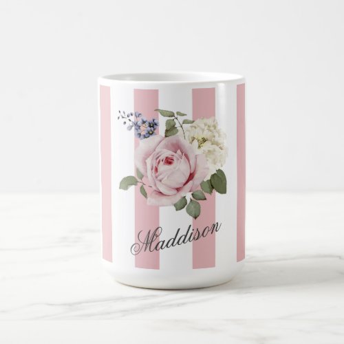 Country Chic Pink Striped Rose Bouquet Monogrammed Coffee Mug
