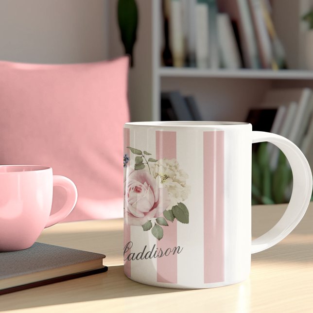 Country Chic Pink Striped Rose Bouquet Monogrammed Coffee Mug (Creator Uploaded)