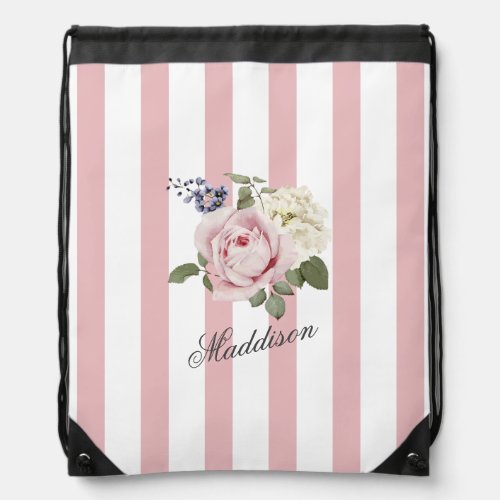 Country Chic Pink Striped Rose Bouquet Monogrammed Drawstring Bag