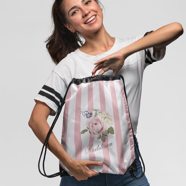 Country Chic Pink Striped Rose Bouquet Monogrammed Drawstring Bag (Creator Uploaded)