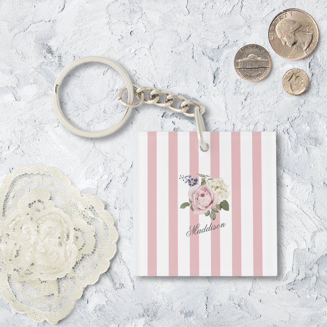 Country Chic Pink Striped Rose Bouquet Monogrammed Keychain (Creator Uploaded)