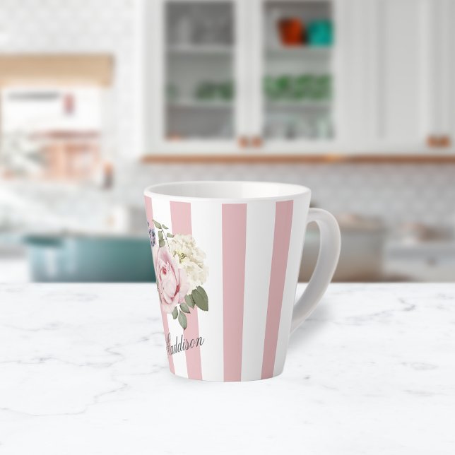 Country Chic Pink Striped Rose Bouquet Monogrammed Latte Mug (Creator Uploaded)