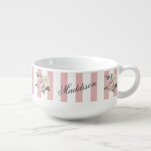 Country Chic Pink Striped Rose Bouquet Monogrammed Soup Mug