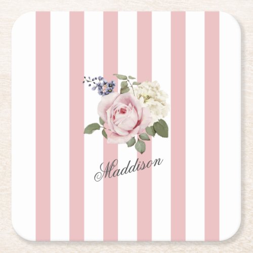 Country Chic Pink Striped Rose Bouquet Monogrammed Square Paper Coaster