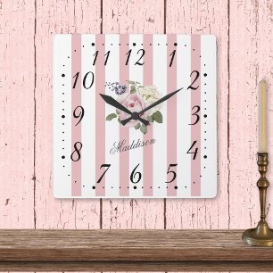 Country Chic Pink Striped Rose Bouquet Monogrammed Square Wall Clock