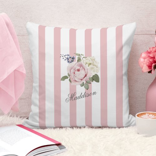 Country Chic Pink Striped Rose Bouquet Monogrammed Throw Pillow