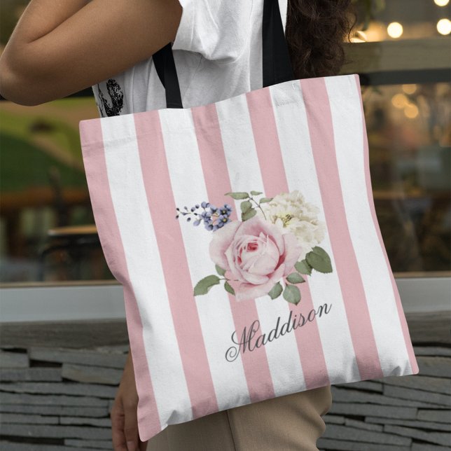 Country Chic Pink Striped Rose Bouquet Monogrammed Tote Bag (Creator Uploaded)