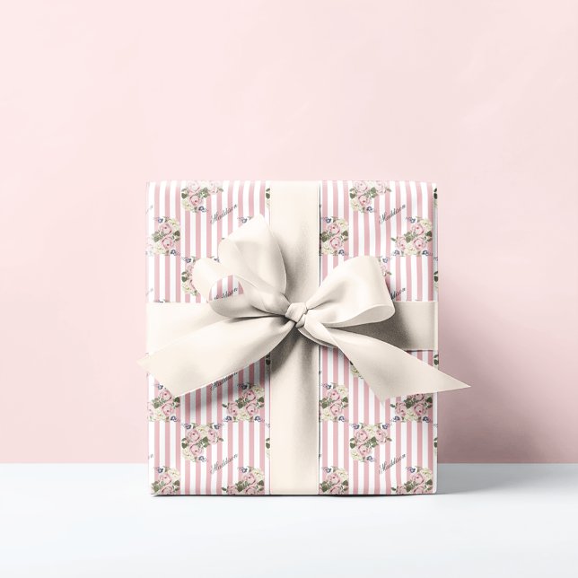 Country Chic Pink Striped Rose Bouquet Monogrammed Wrapping Paper (Creator Uploaded)
