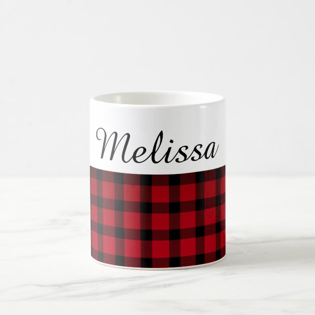 Country Chic Red Black Plaid Custom Name Coffee Mug (Center)
