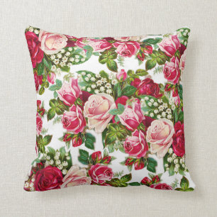 Country chic red pastel pink forest green floral throw pillow