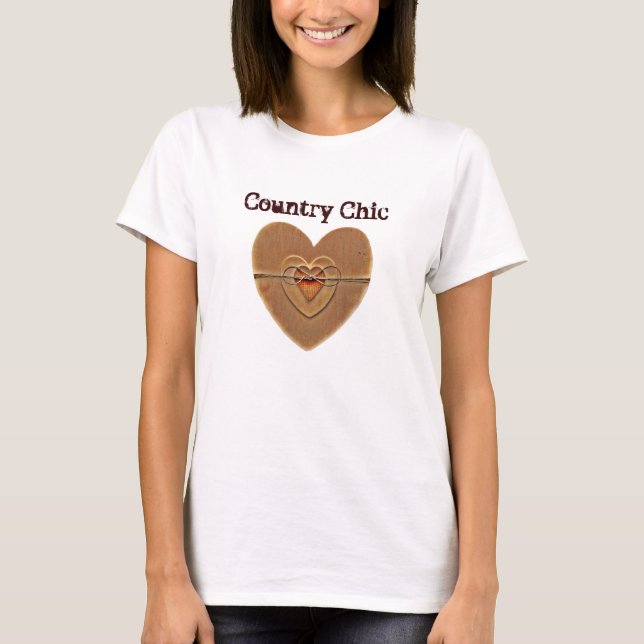 Country Chic Rustic Wooden Hearts Twine Bow T-Shirt (Front)