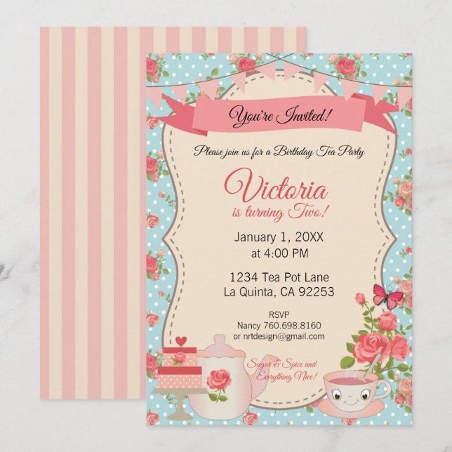 Country Chic Sugar & Spice Tea Party Invite (Blue) (Front/Back)