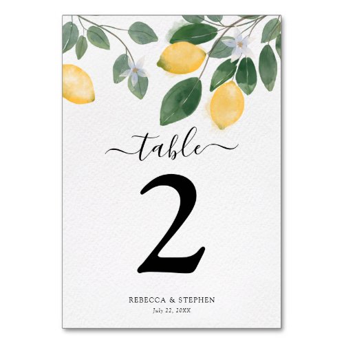 Country Chic Watercolor Lemon Wedding Table Number