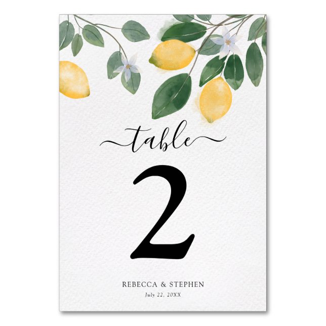 Country Chic Watercolor Lemon Wedding Table Number (Front)