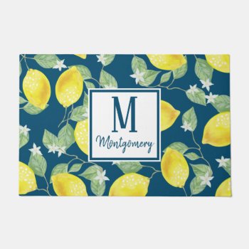 Country Chic Watercolor Lemons  & Blue Family Name Doormat by GrudaHomeDecor at Zazzle