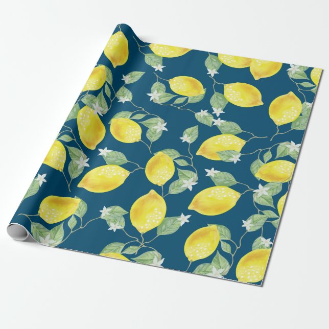 Country Chic Watercolor Lemons & Blue Wrapping Paper (Unrolled)
