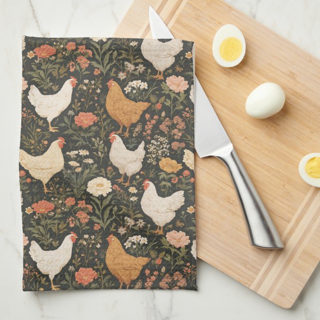 Country Chicken Floral on Black Kitchen Towel (Quarter Fold)