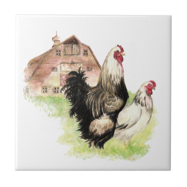 Country Chicken & Rooster Barn, Farm Scene Ceramic Tile (Front)