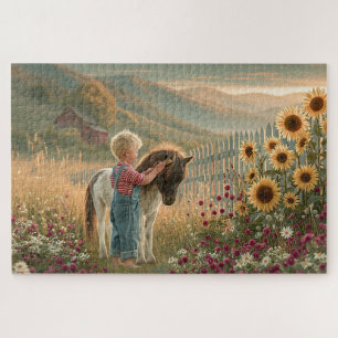 Country Child Pony Sunflowers Mountains Meadow Jigsaw Puzzle