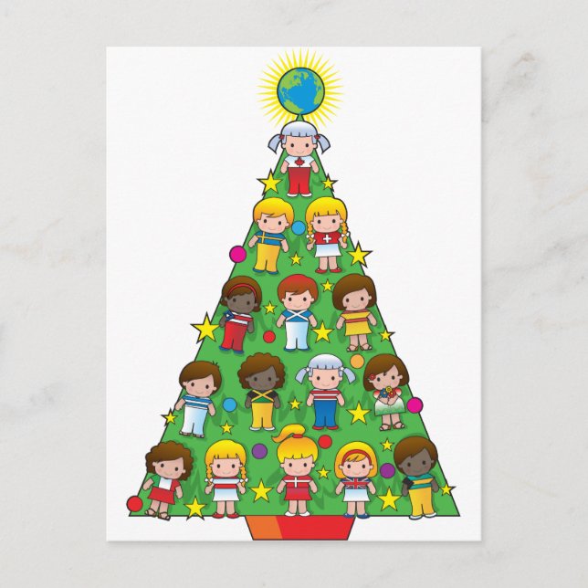 Country Children Christmas Tree Holiday Postcard (Front)