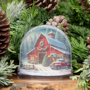 Country Christmas Barn & Vintage Red Truck Snow Globe