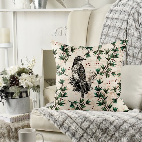 Country Christmas Bird in Laurel with Red Berries Throw Pillow