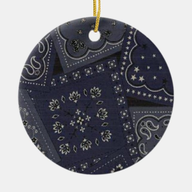 Country Christmas Blue Bandana Ceramic Ornament (Front)
