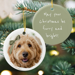 Country Christmas Custom Dog Photo Keepsake Green Ceramic Ornament