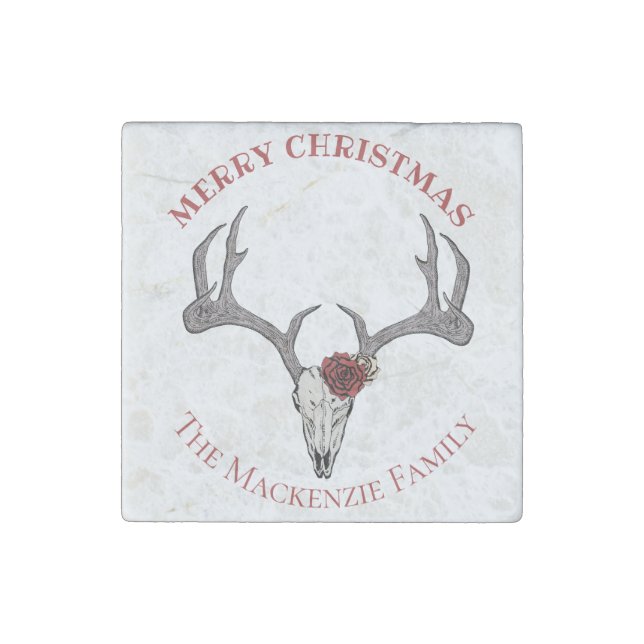Country Christmas Deer Head Reindeer Skull Antlers Stone Magnet (Front)