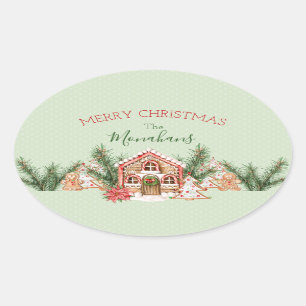 Country Christmas Gingerbread House Oval Sticker