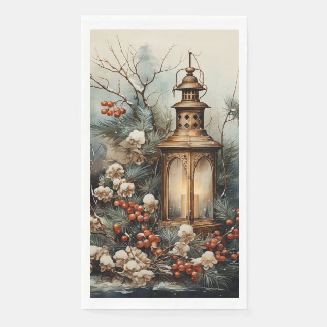 Country Christmas Lantern Pine Branches Red Berriy Paper Guest Towels (Front)