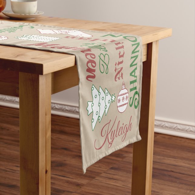 Country Christmas Names and White Ornaments Short Table Runner (In Situ)