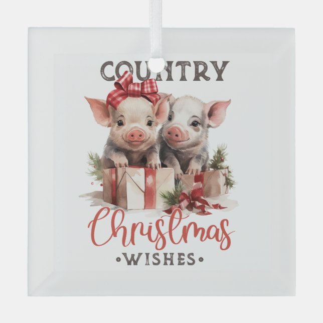 Country Christmas Piggies Glass Ornament (Front)