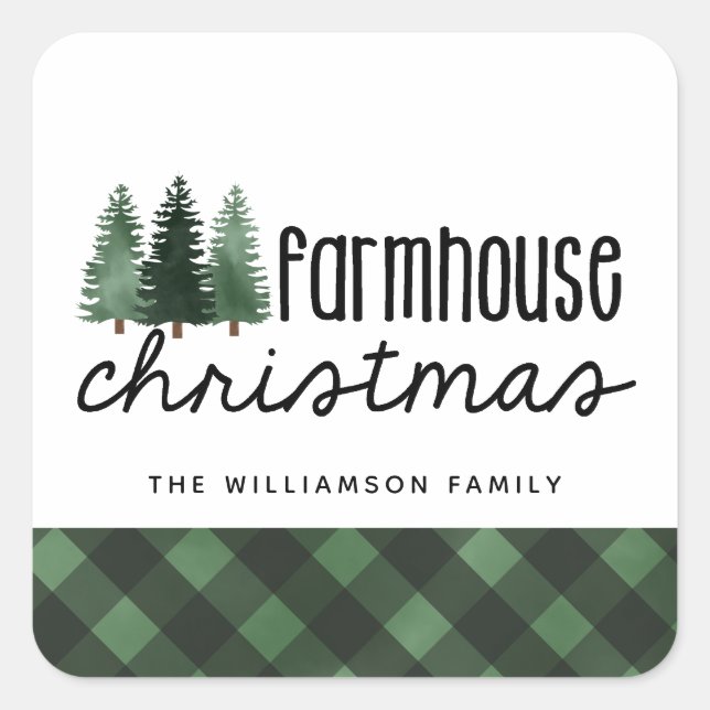 Country Christmas Plaid Family Name Square Sticker (Front)