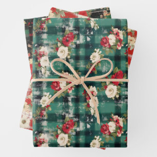 Country Christmas Plaid Florals Distressed Wrapping Paper Sheets