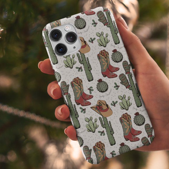Country Christmas Red and Green Case-Mate iPhone Case ("Howdy Christmas" Country Christmas Cowgirl Boots, Hats, Mittens & Cactus. Hand-Drawn in Black Ink.)