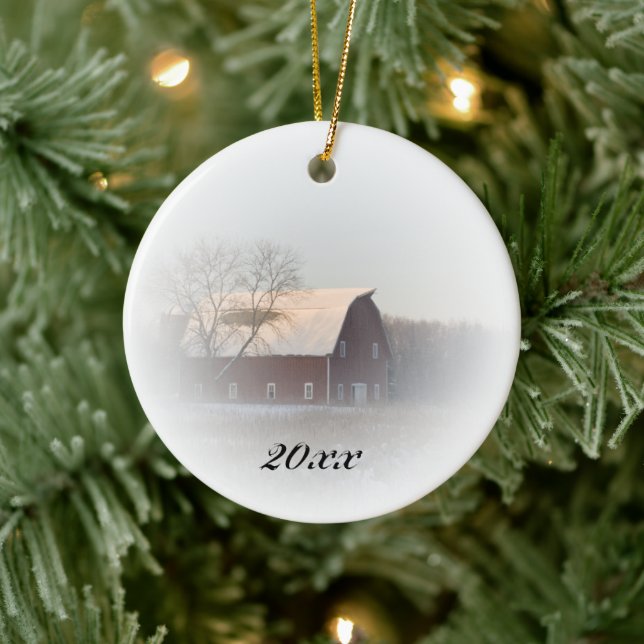 Country Christmas Red Barn Dated Ceramic Ornament (Tree)