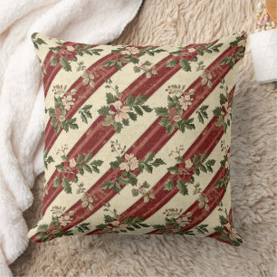 Country Christmas Red Berry Floral Green Stripe Throw Pillow