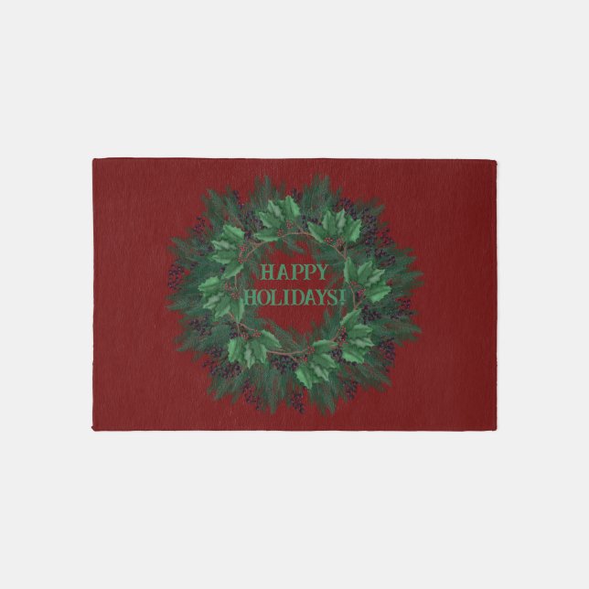 Country Christmas Rustic Pine Berries Wreath Outdoor Rug (Front)
