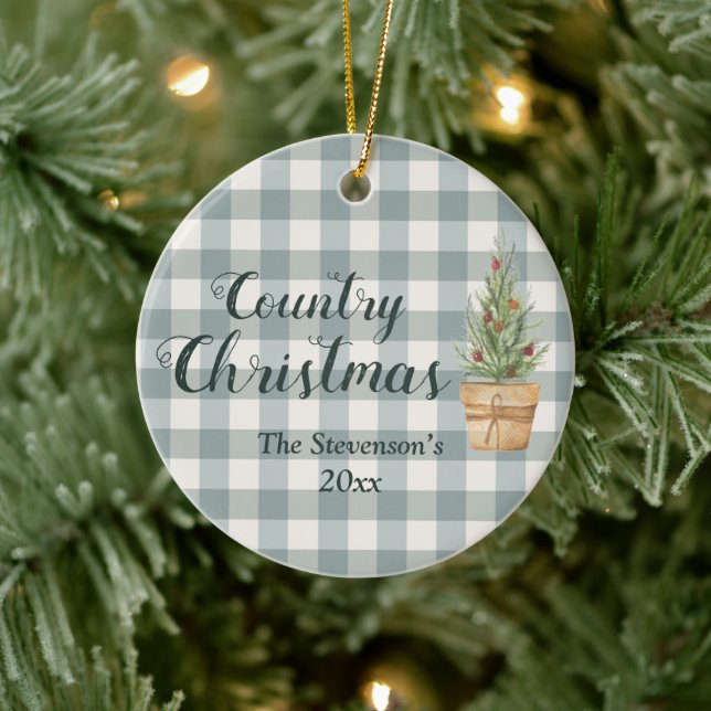 “Country Christmas” Script Name Green Plaid Ceramic Ornament (Tree)