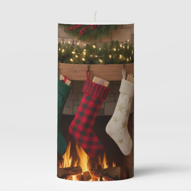 Country Christmas Stockings 3x6 Pillar Candle (Front)